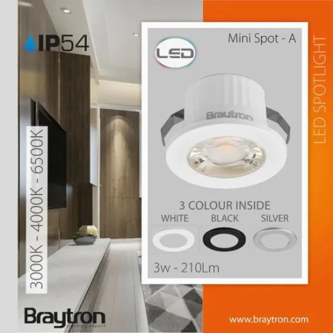 Braytron LED Minispot 3W Minileuchte, Klein, Einbauspot Einbaustrahler, Badezimmer, Küche, Wohnzimmer, inklusive 3 Blenden in schwarz, weiß. silber, IP54 230V ohne Trafo, 210 Lumen (neutralweiß 4000K)