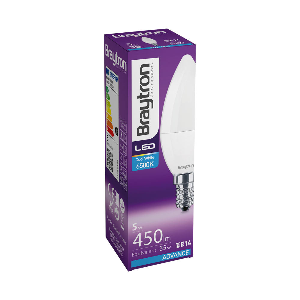 Braytron LED E14 Leuchtmittel 5W C37 6500K Kaltweiß Kerzenform 450 Lumen