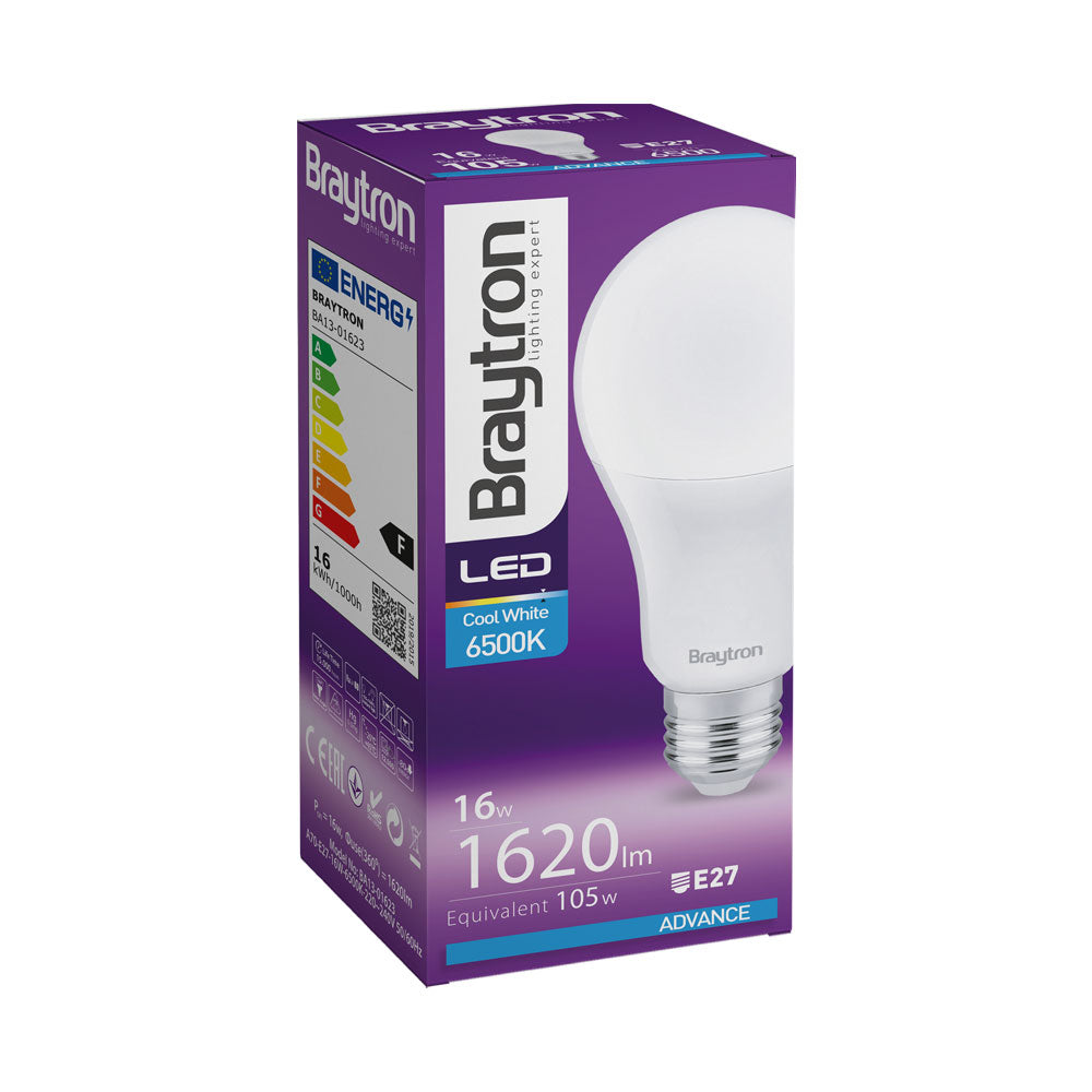 Braytron LED Glühbirne Birnenform E27 16W 6500K 1620 Lumen Kaltweiß Leuchtmittel A65 Ersetzt 105W