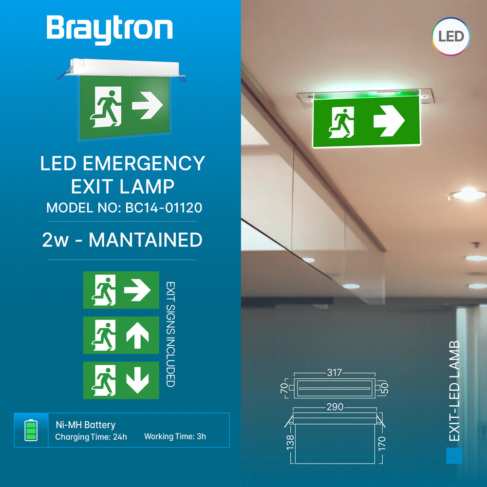 Braytron LED Einbau Fluchtweg Notleuchte Notlicht Fluchtwegleuchte Notausgang Notbeleuchtung 3W