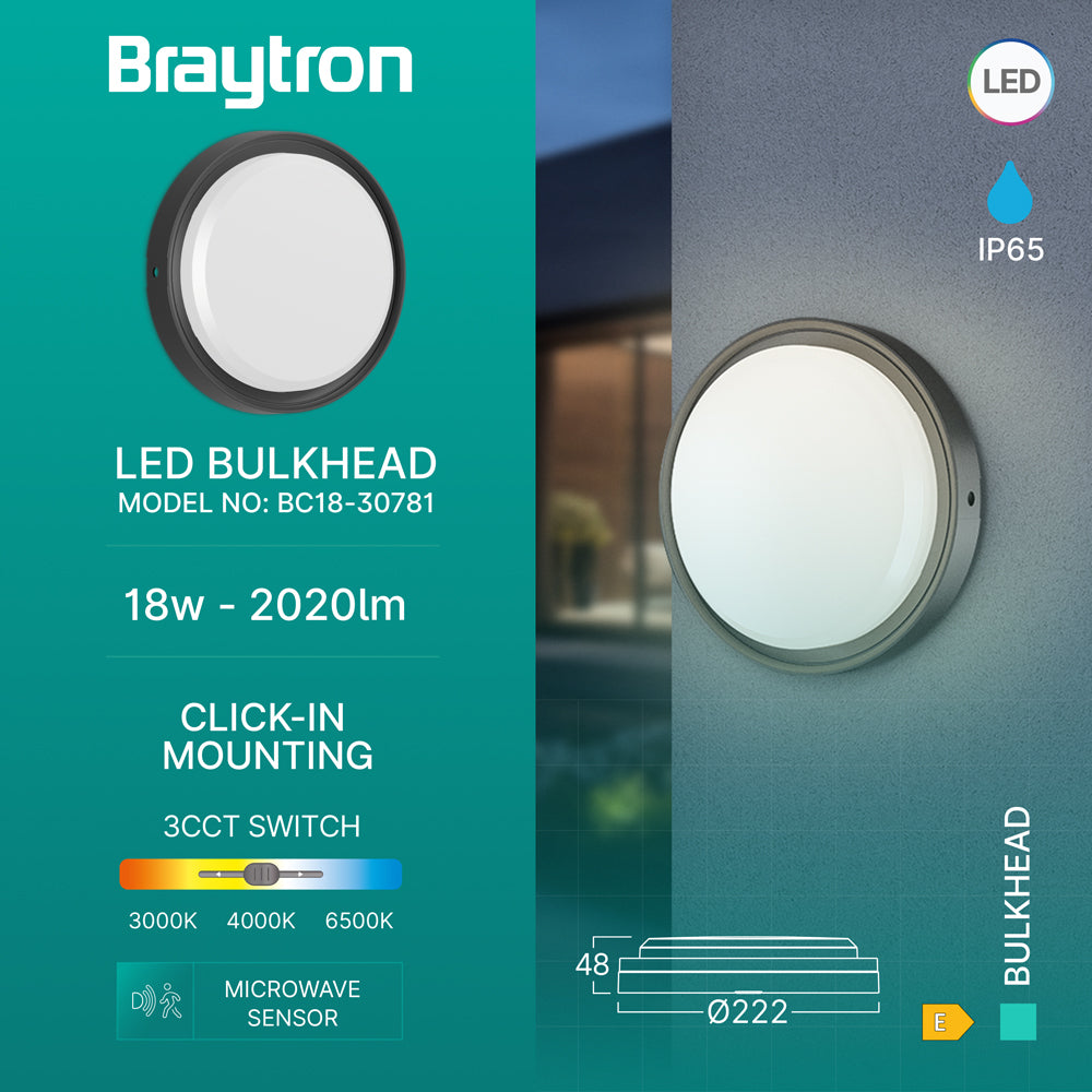 Braytron LED Wandleuchte Deckenleuchte Bewegungsmelder 18W IP65 3in1 Außenleuchte schwarz