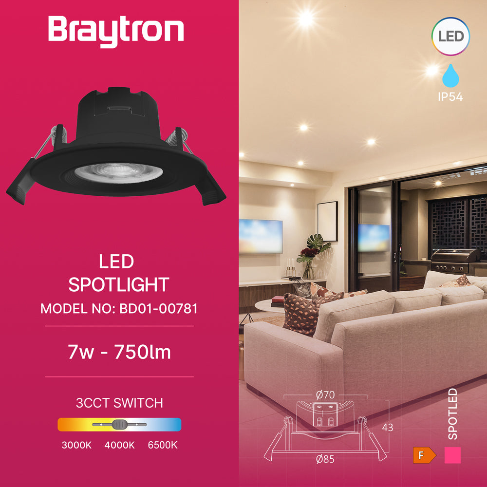Braytron LED Einbaustrahler 7W IP54 3in1 CCT Spot 630lm Einbauleuchte Einbauspot Badezimmer Schwarz