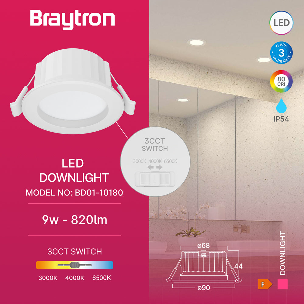 Braytron LED 9W Einbaustrahler 68mm IP54 3CCT Feuchtraum Deckenstrahler Spot Badezimmer weiß