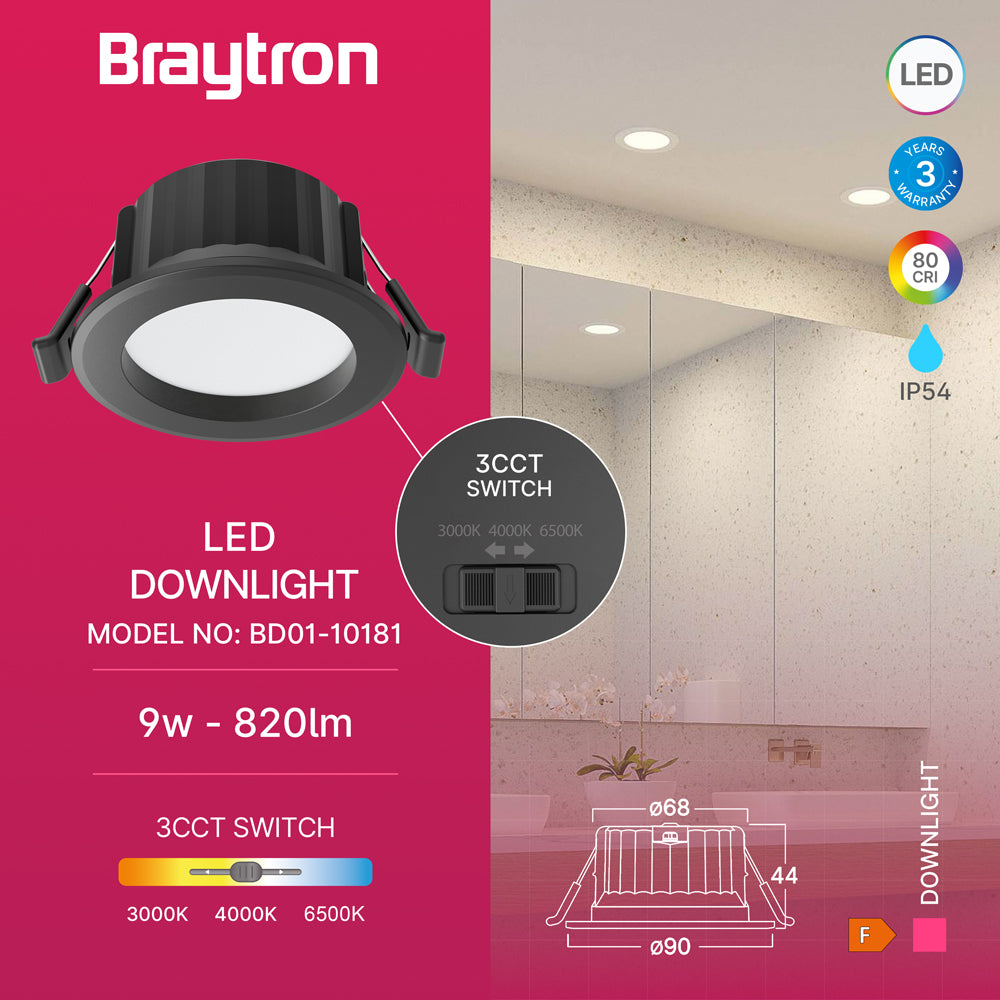 Braytron LED 9W Einbaustrahler 68mm IP54 3CCT Feuchtraum Deckenstrahler Spot Badezimmer Schwarz