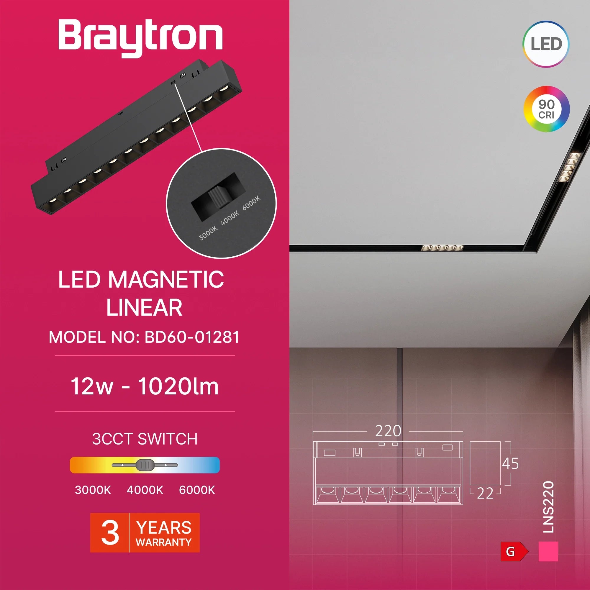 Braytron LED Magnet-Schienenspot 48V 12W 3CCT 24° – 22 cm, Schwarz