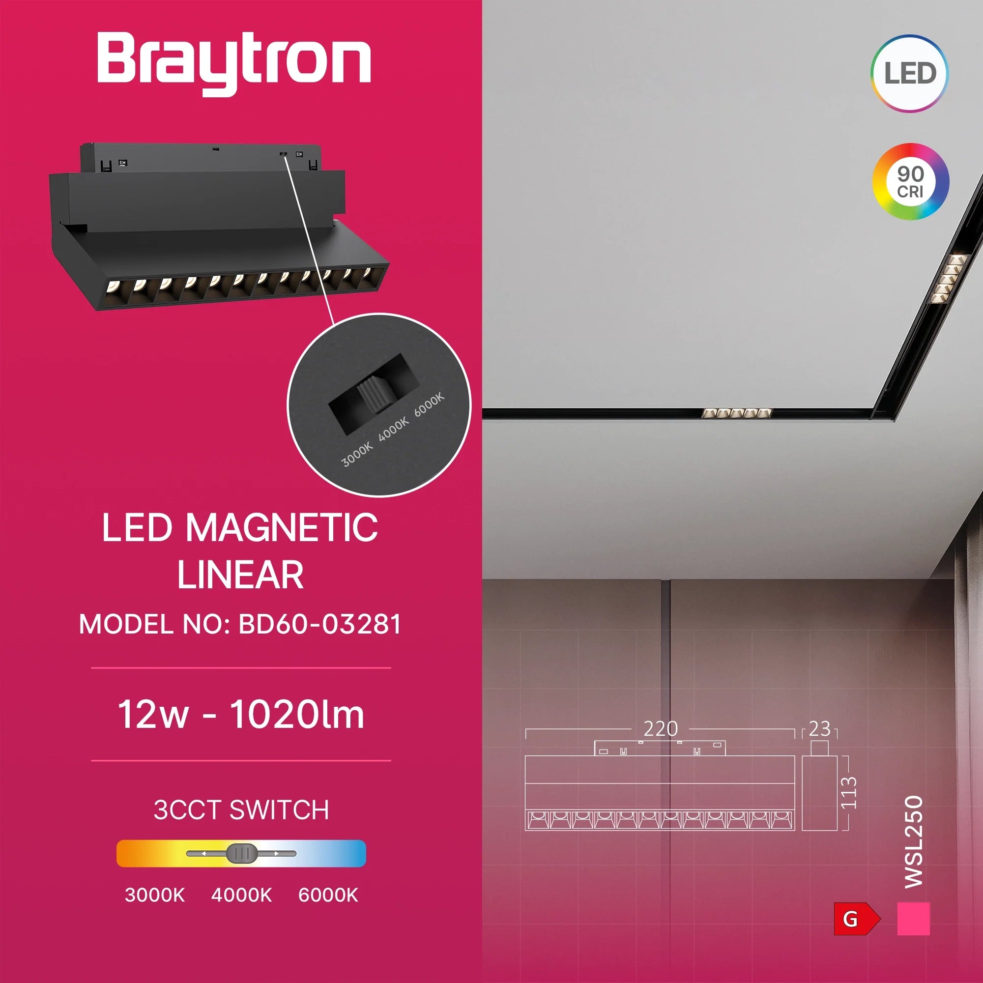Braytron LED Magnet-Schienenleuchte 48V Aufbau 12W 3CCT 24° – Schwarz
