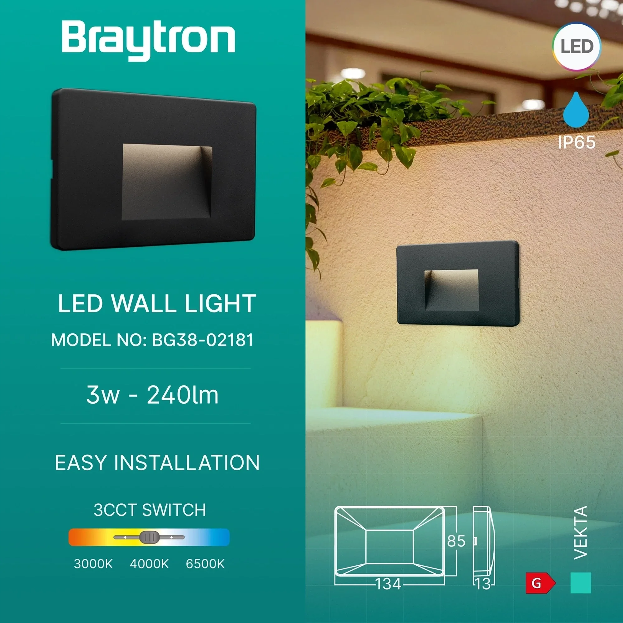 Braytron Vekta LED-Treppenleuchte 3W 3in1 CCT eckig IP65 – Schwarz