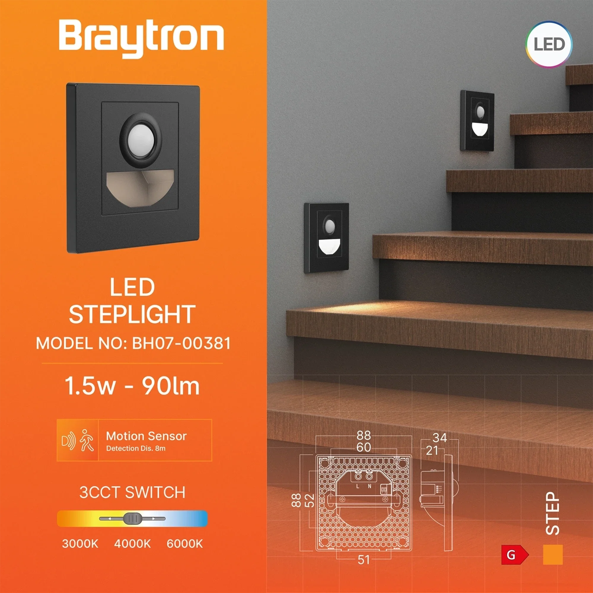 Braytron LED Treppenleuchte 1,5W 3CCT mit Bewegungsmelder, quadratisch – Schwarz