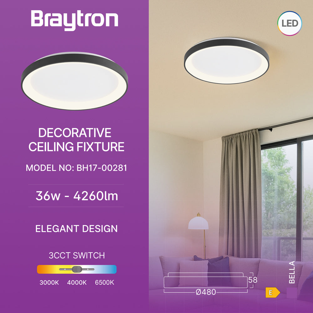 Braytron LED Deckenleuchte 36W Warmweiß Neutralweiß Kaltweiß 3CCT 3200 lm Rund Schwarz Aluminium IP20