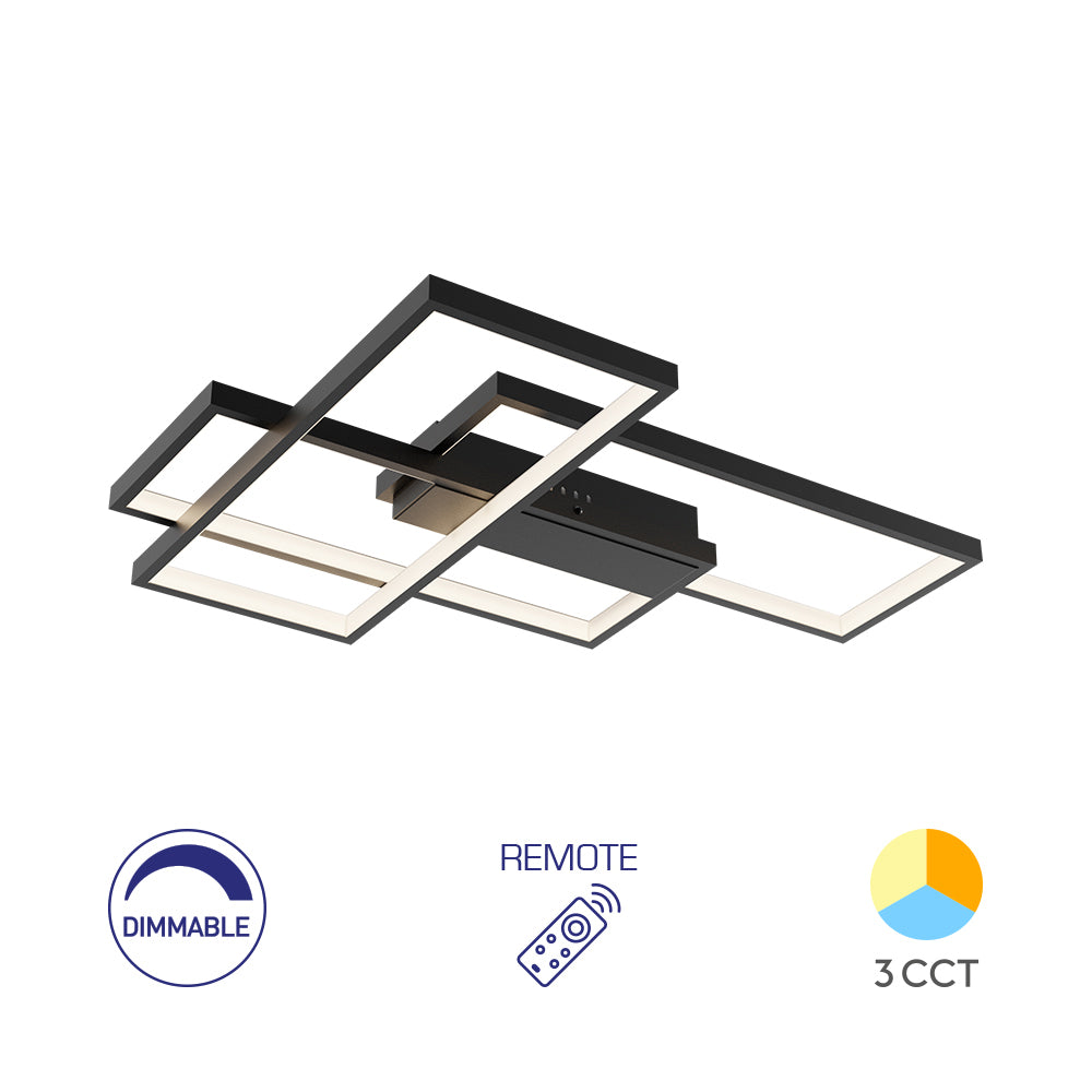 Braytron Moderne Designer LED Deckenleuchte dimmbar 3CCT 3000–6500K mit Fernbedienung 65W Rechteck schwarz