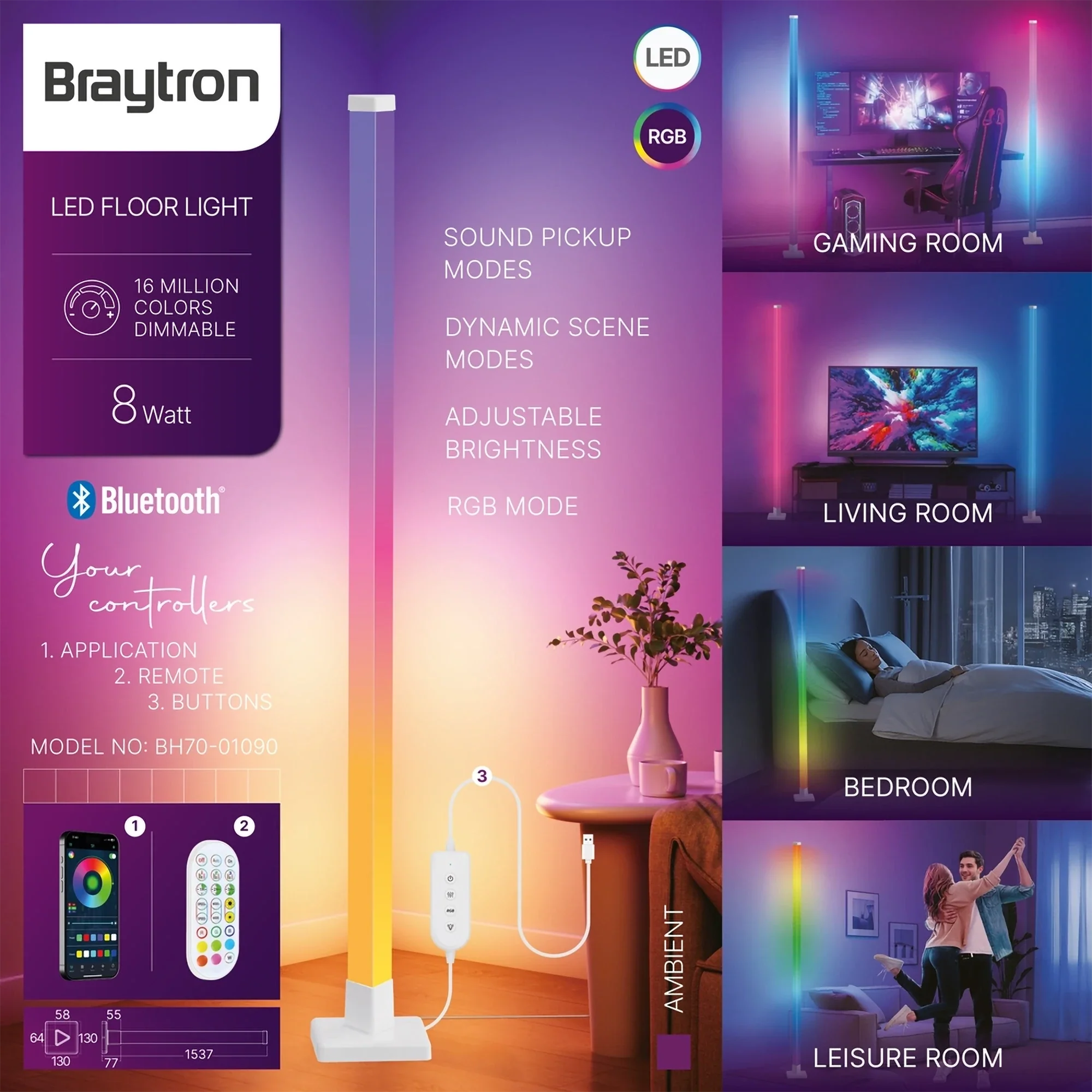 Braytron RGBW LED-Stehlampe 8W 154cm dimmbar – Weiß