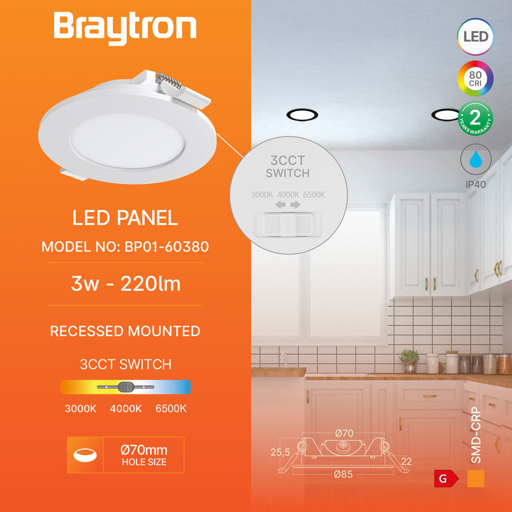 Braytron Ultraslim LED Einbaustrahler 3W Weiß Ø85mm 3CCT 230V 220 Lumen IP40 Einbauspots 68mm