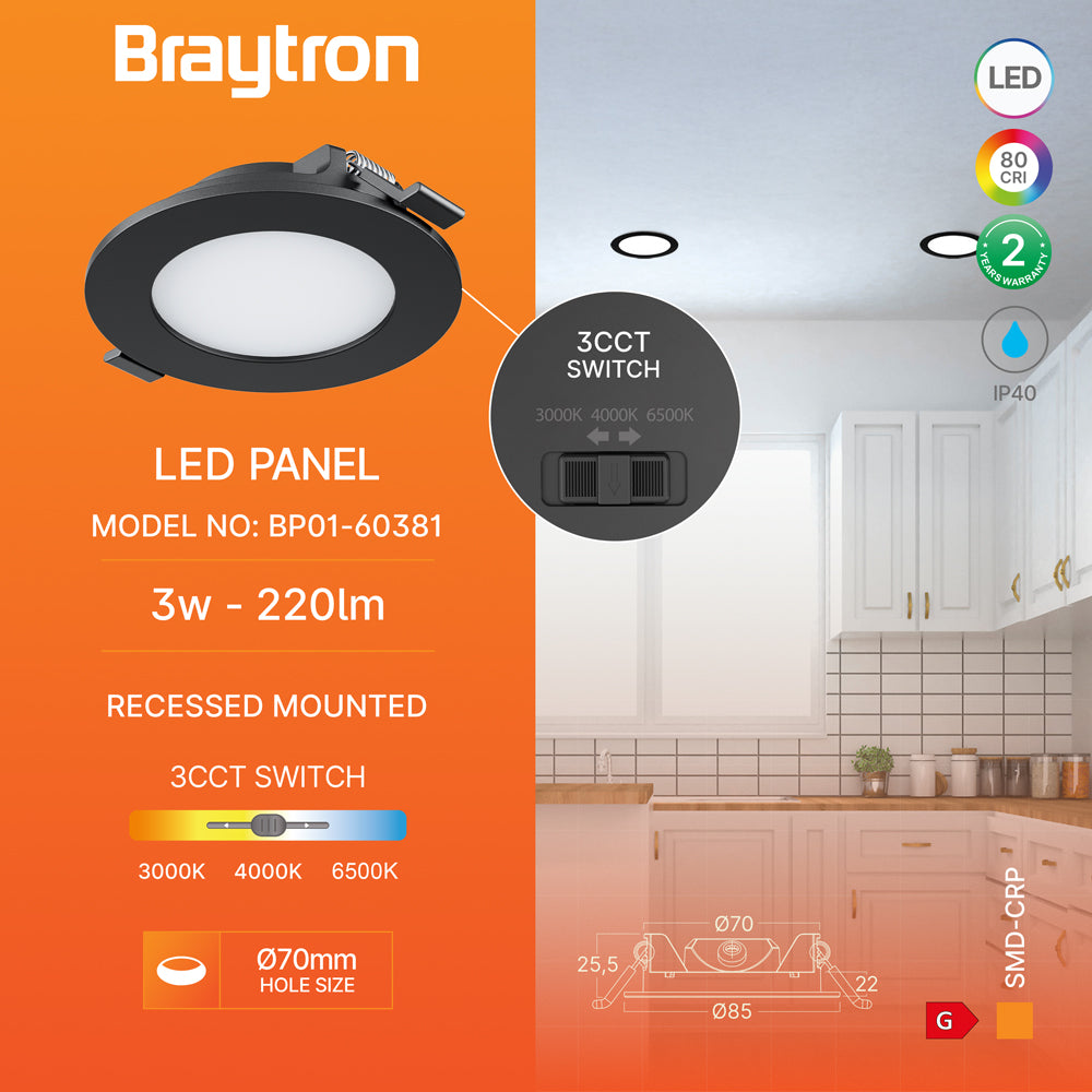 Braytron 3W LED Panel Einbauspot Einbaustrahler Deckenstrahler Flach IP40 4in1 CCT 3in1 schwarz