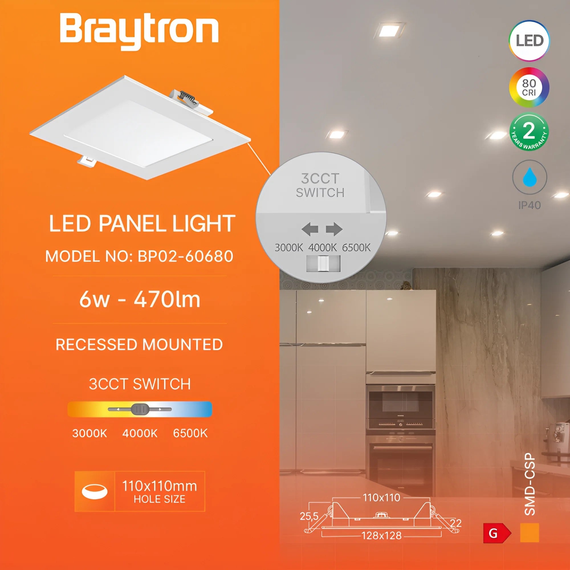 Braytron LED-Panel 6W 3CCT quadratisch ultraflach 128 mm – Weiß