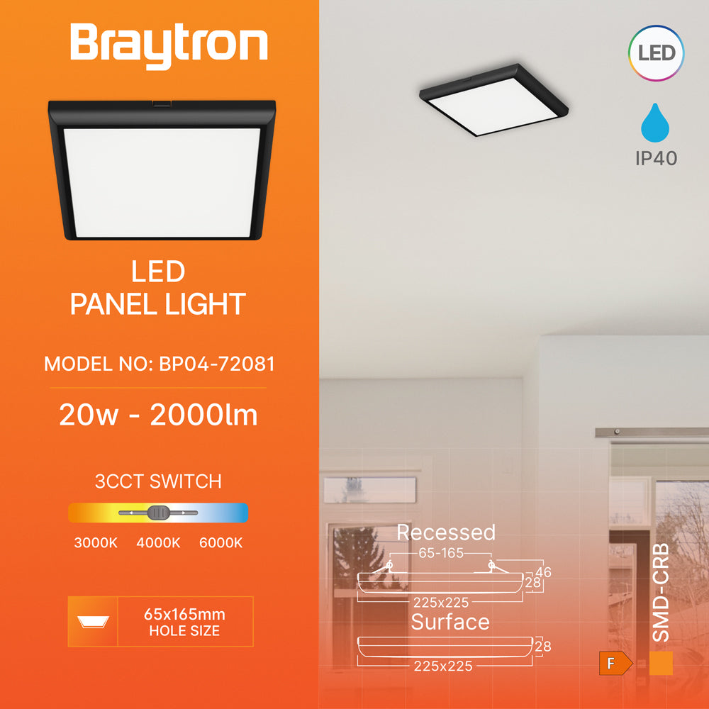 Braytron LED Panel Deckenleuchte Deckenlicht Eckig Flach 20W Wohnzimmer Kinderzimmer IP40 schwarz - Bild 3