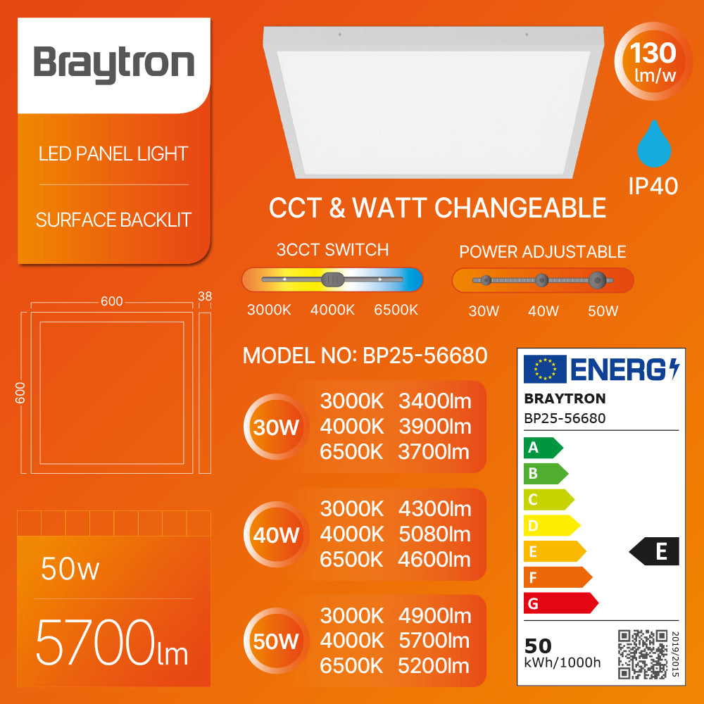 Braytron LED Panel Deckenleuchte 30-50W 3CCT 3000-6500K einstellbar Superhell Deckenlampe 60X60 cm