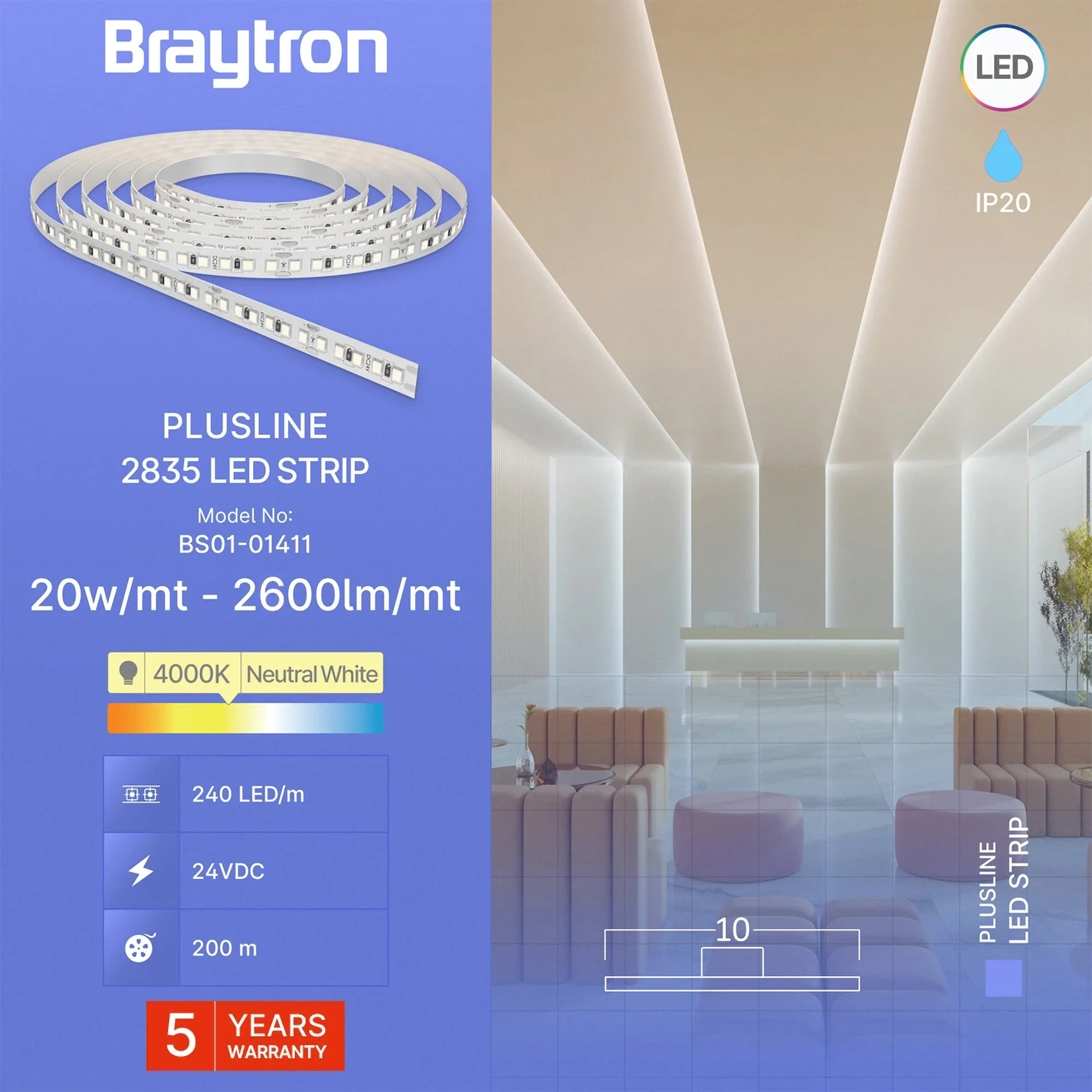 Braytron LED-Streifen Plusline 10 m 24V 20W/m 4000K 2600 lm/m selbstklebend