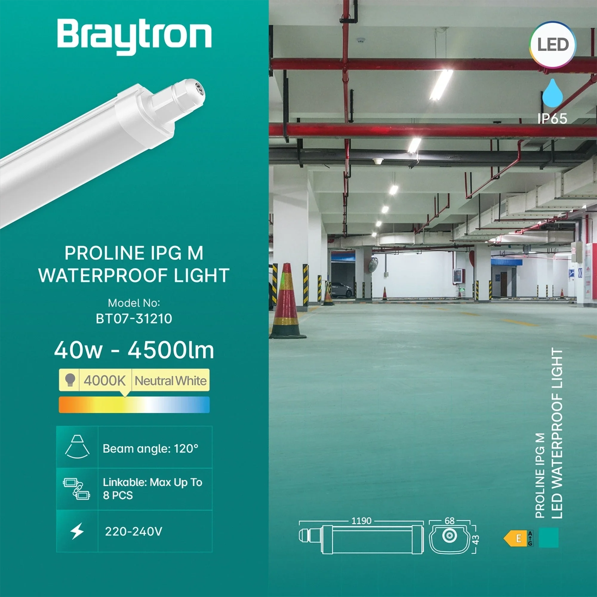 Braytron LED Feuchtraumleuchte 40W 4000K IP65 120 cm – Weiß