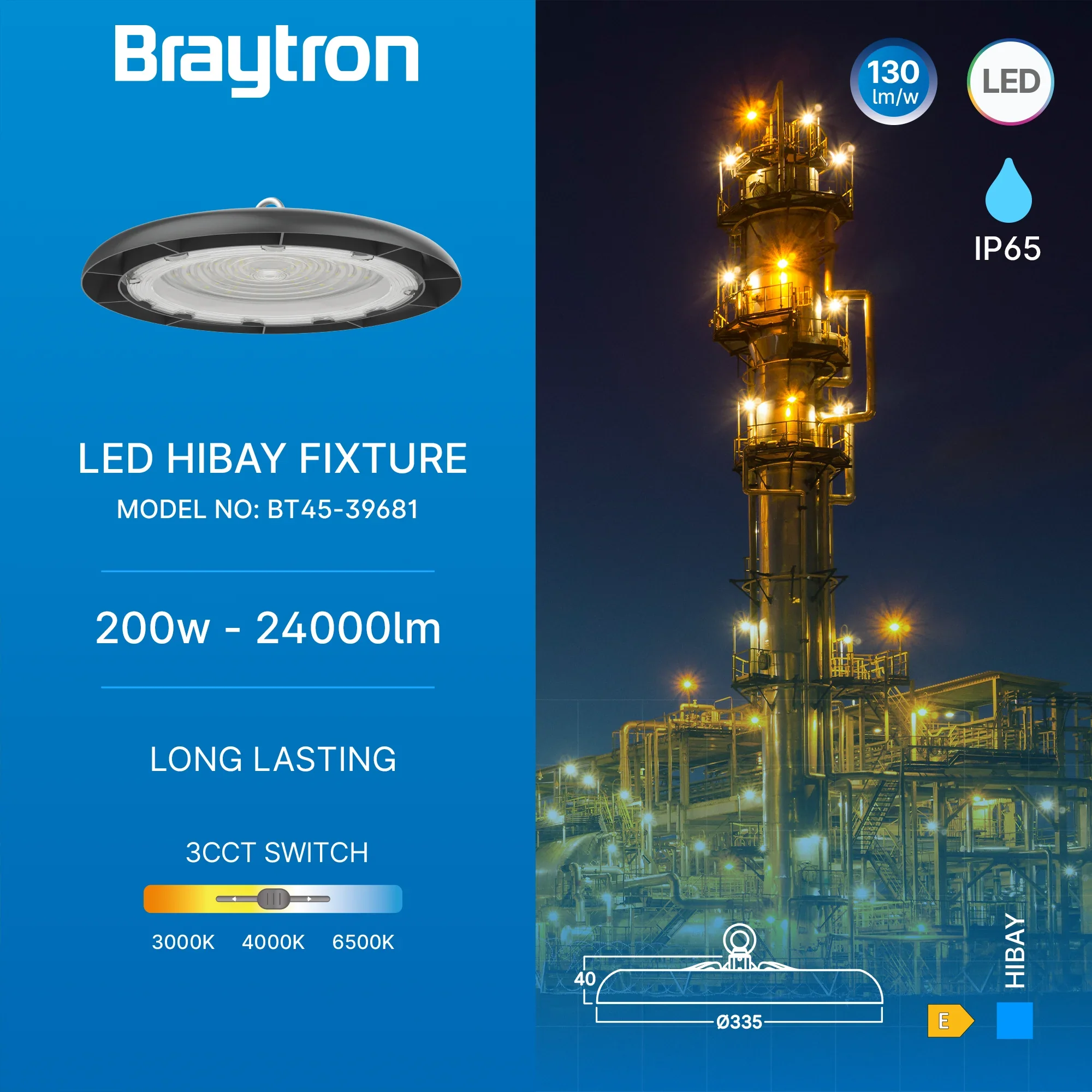 Braytron LED Hallenstrahler UFO Highbay 200W 3CCT 24.000 lm IP65 – Schwarz