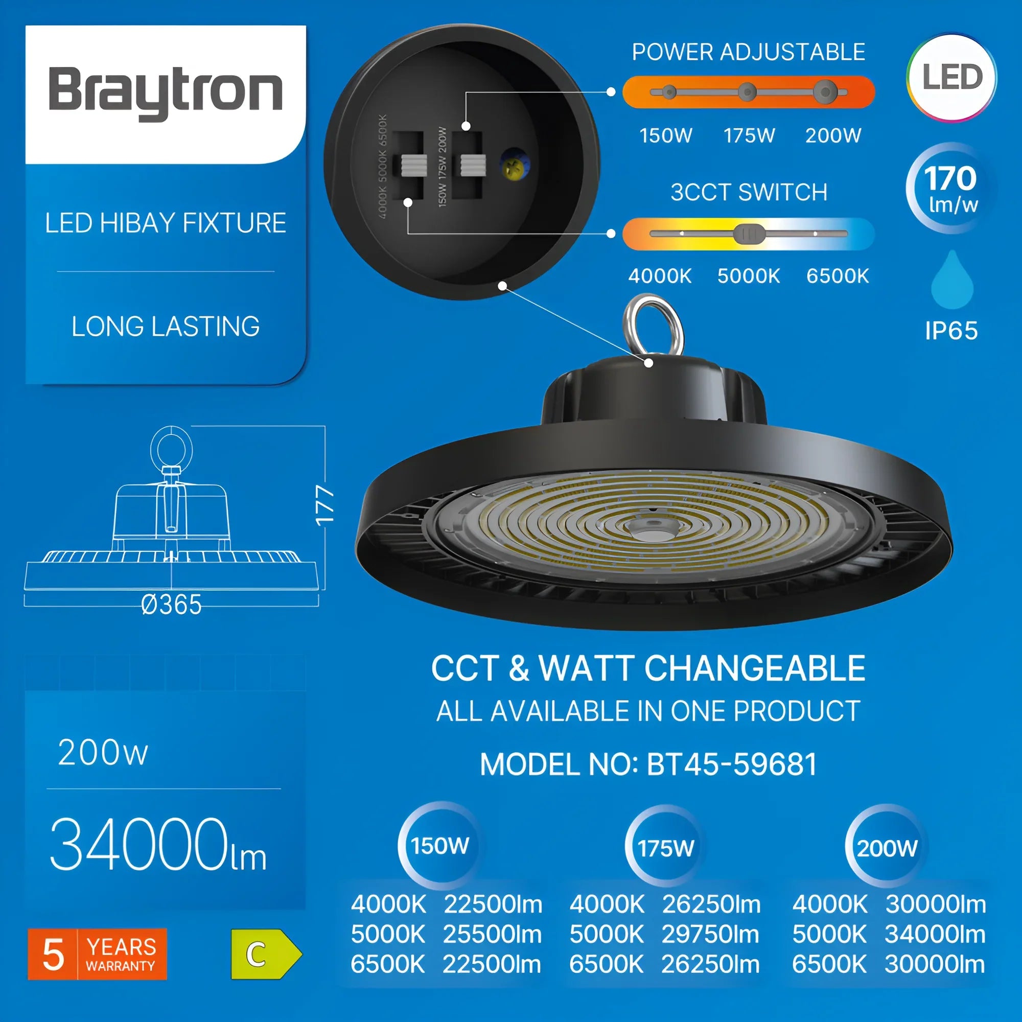 Braytron LED Hallenstrahler UFO 200W 3CCT IP65 – 34.000 lm Schwarz