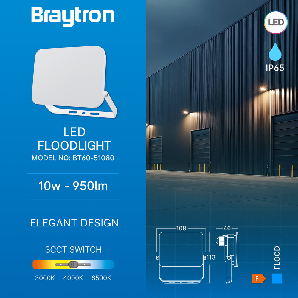 Braytron LED Flutlichtstrahler 10W, IP65, 3CCT, gleichmäßiges Licht ohne sichtbare LEDs, Außenstrahler für Balkon, Eingang und kleine Flächen