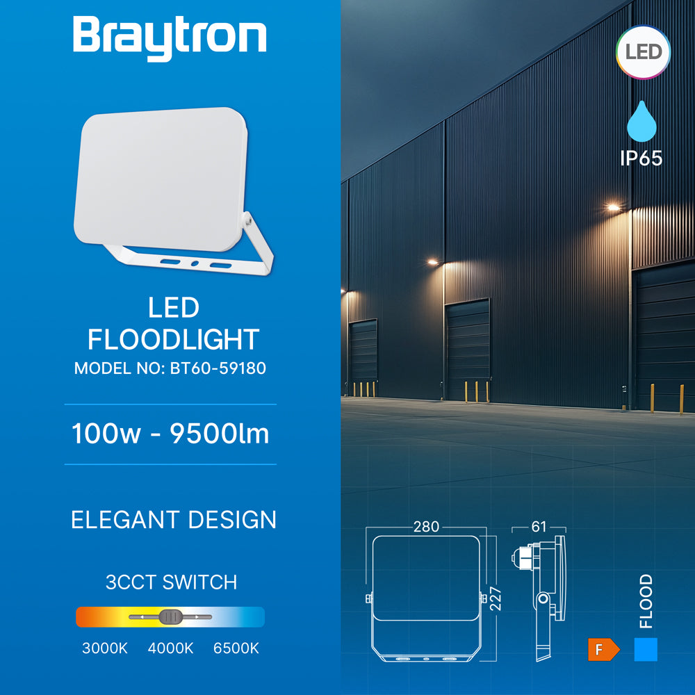 Braytron LED Flutlichtstrahler 100W, IP65, 3CCT, gleichmäßiges Licht ohne sichtbare LEDs, Außenstrahler für Baustellen, Hallen und große Flächen