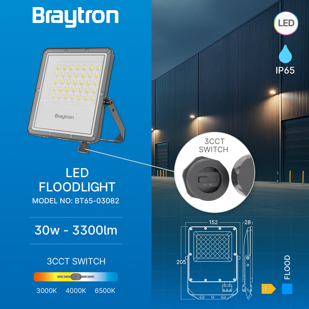 Braytron 30W LED Strahler Außen IP65 – Superhell 3300LM Flutlicht mit Farbwahl 3000K/4000K/6500K, wasserdichter Aluminium Außenstrahler für Garten, Hof, Garage, Einfahrt