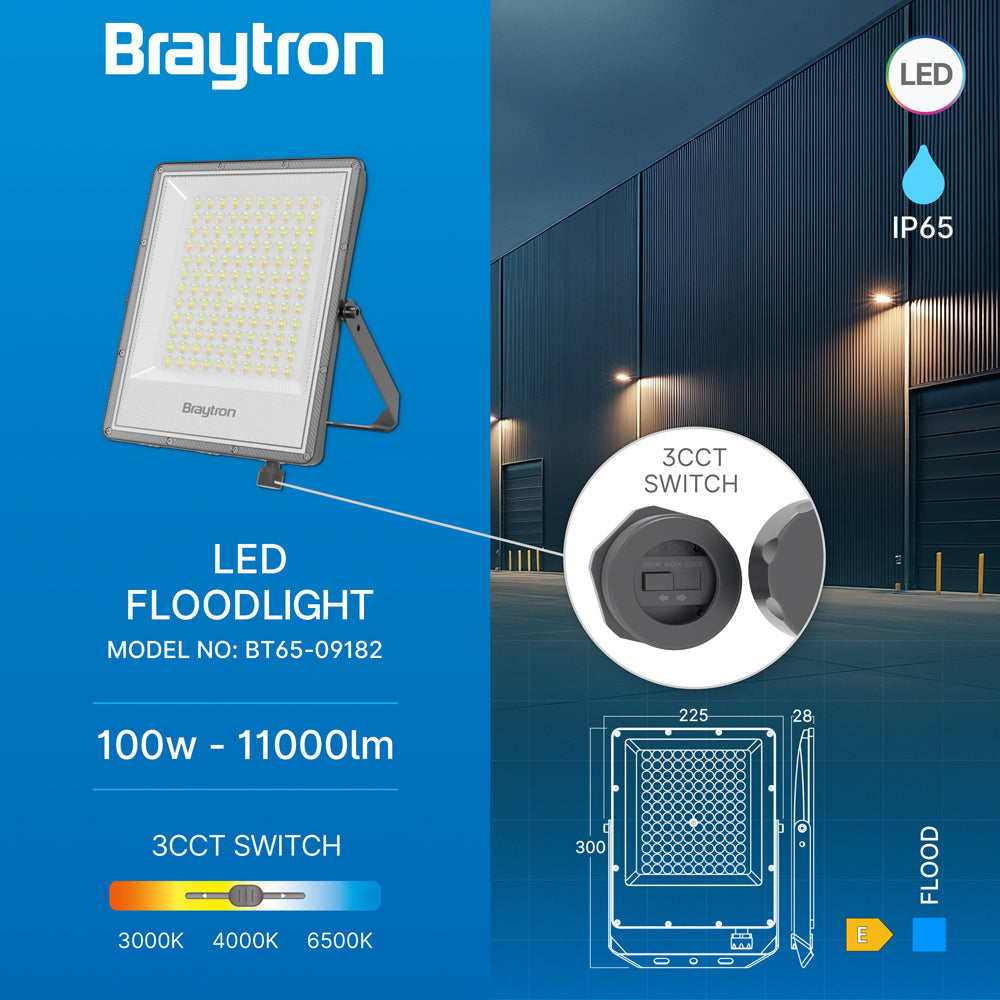 Braytron LED Flutlicht Außen IP65 – LED Strahler mit 3CCT Farbwahl 3000K/4000K/6500K – Aluminium Außenstrahler 90° – Garten, Hof & Baustrahler – 10W - 300W (100, Watt)