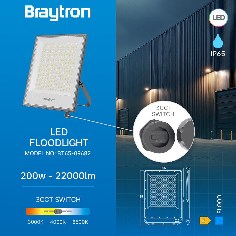 Braytron 200W LED Strahler Außen IP65 – Superhell 22000LM Flutlicht mit Farbwahl 3000K/4000K/6500K, wasserdichter Aluminium LED Fluter 90°, Außenstrahler für Garten, Hof, Garage, Baustelle
