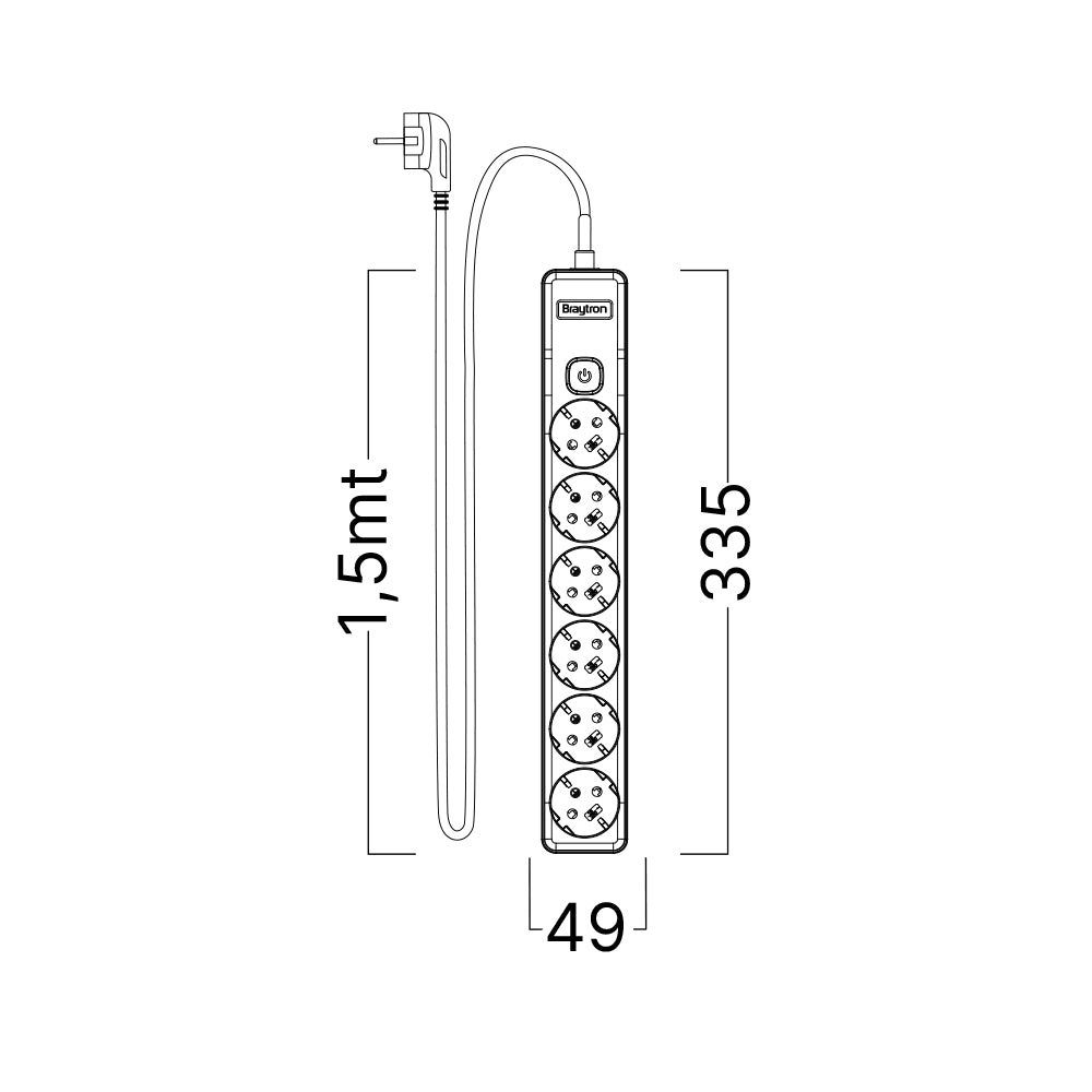 Braytron Mehrfachsteckdose 6-fach mit 1,5 m Kabel und beleuchtetem Ein-/Ausschalter, 3680W, Kindersicherung, Steckdosenleiste mit Clip-System