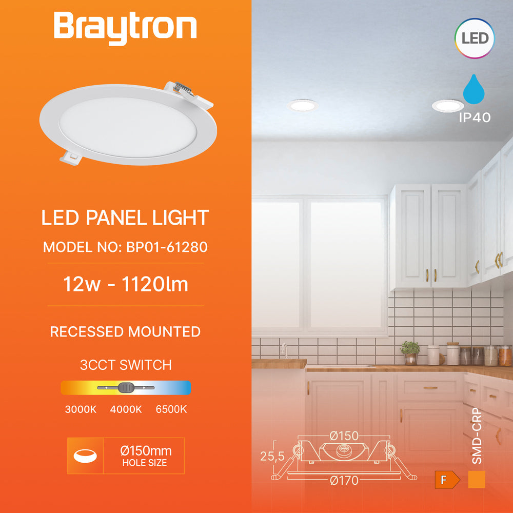 Braytron LED Einbaupanel 12W 3CCT rund Ø170 mm 1120 lm – Weiß
