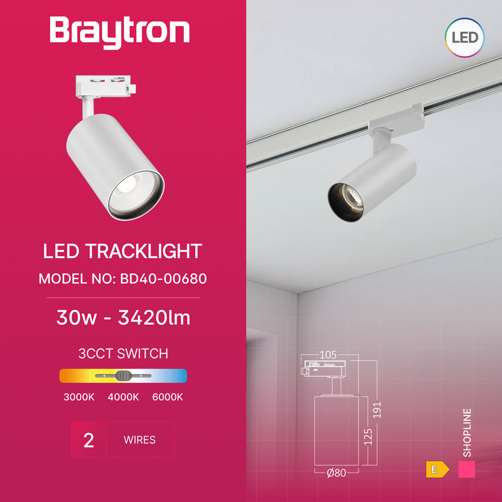 Braytron LED Schienenstrahler 30W 1-Phasen 3 Lichtfarben 3420 lm dreh- und schwenkbar – Weiß