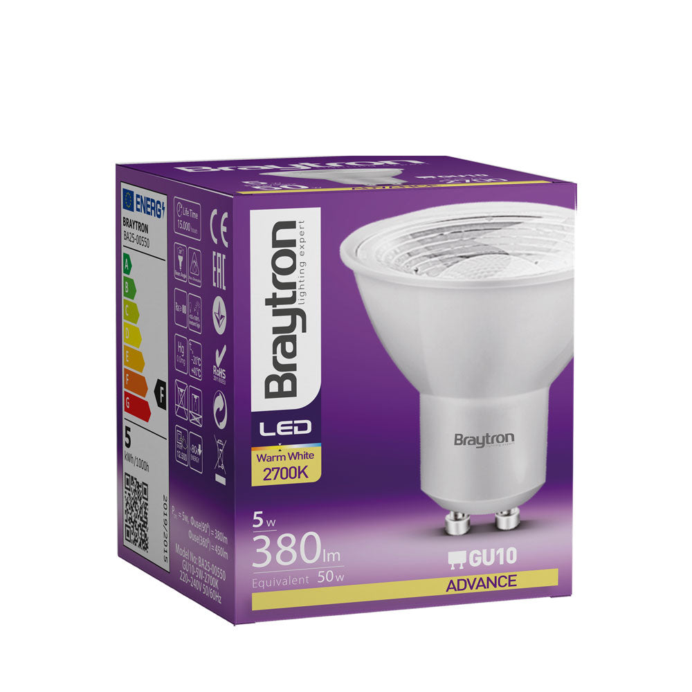 Braytron LED-Leuchtmittel GU10 5W 3000K Warmweiß 450 lm 38° Spot – Weiß