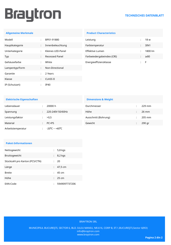 Braytron LED Einbaupanel 18W 3CCT dimmbar rund Ø229mm – Weiß