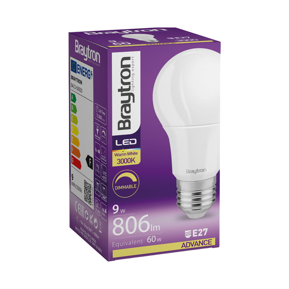 Braytron LED-Lampe E27 9W A60 3000K Warmweiß 806 lm dimmbar – Weiß