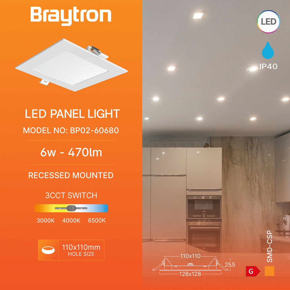 Braytron LED-Panel 6W 3CCT quadratisch ultraflach 128 mm – Weiß