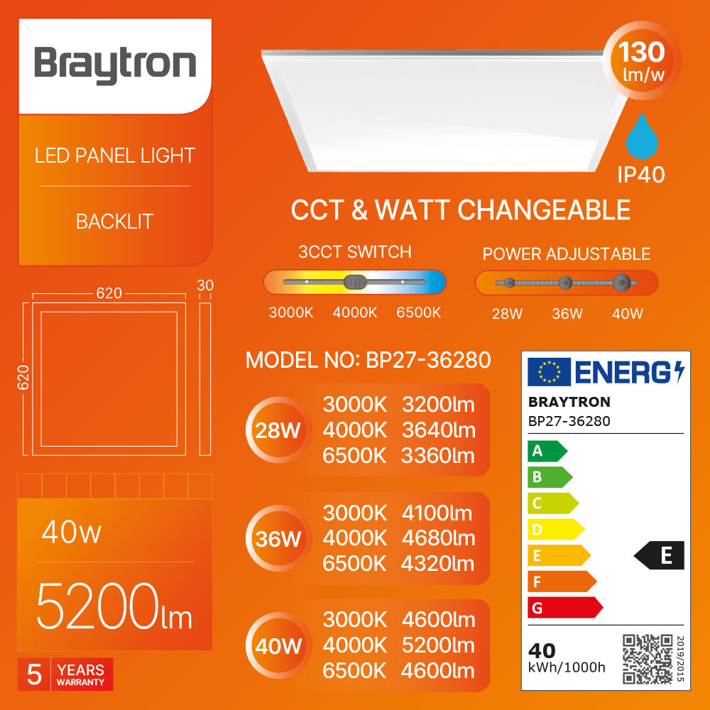 Braytron LED Einbaupanel 40W 5200 lm 3CCT 62 x 62 cm Backlight – Weiß