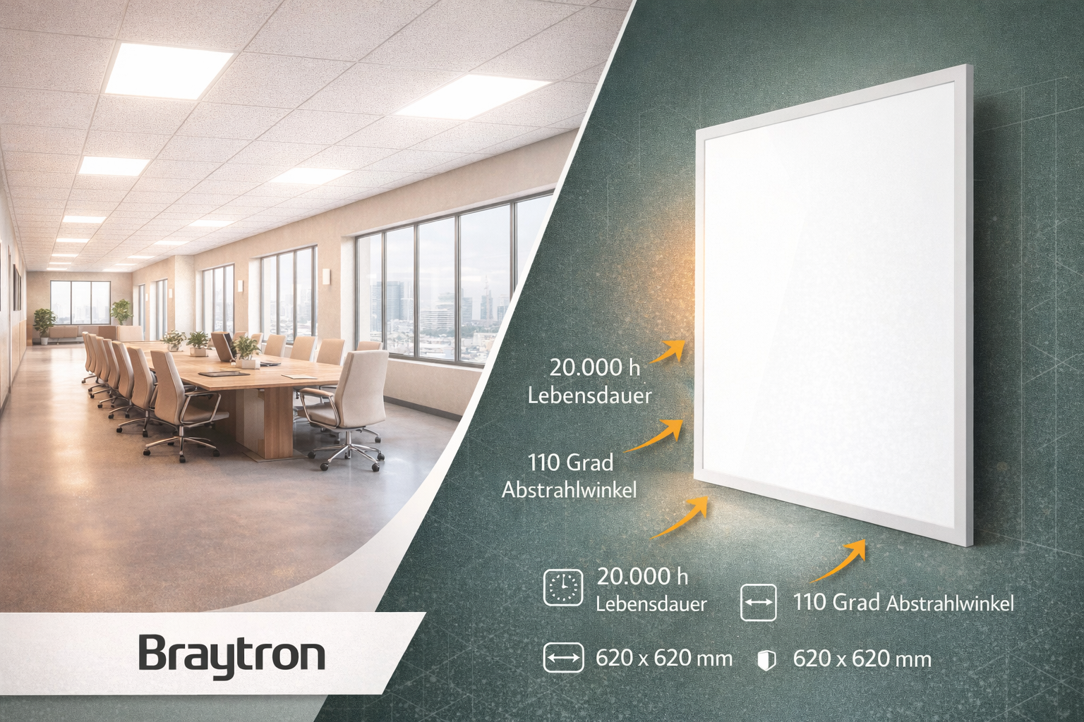 Braytron LED Einbaupanel 40W 5200 lm 3CCT 62 x 62 cm Backlight – Weiß