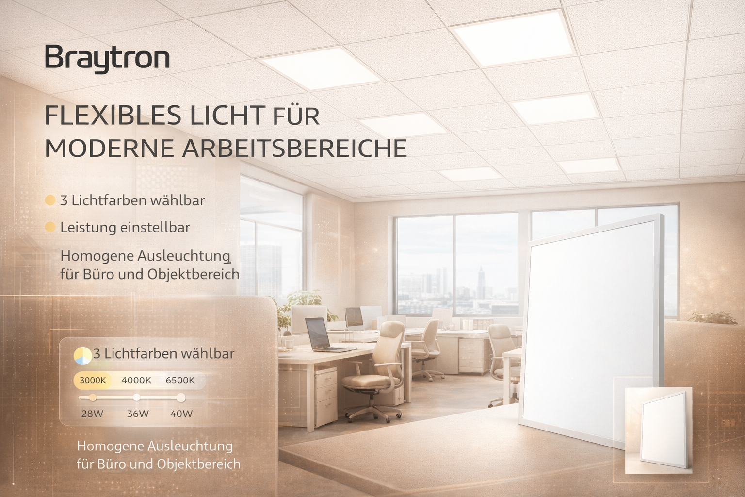 Braytron LED Einbaupanel 40W 5200 lm 3CCT 62 x 62 cm Backlight – Weiß