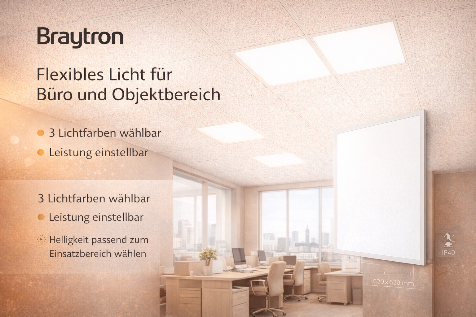 Braytron LED Einbaupanel 40W 5200 lm 3CCT 62 x 62 cm Backlight – Weiß