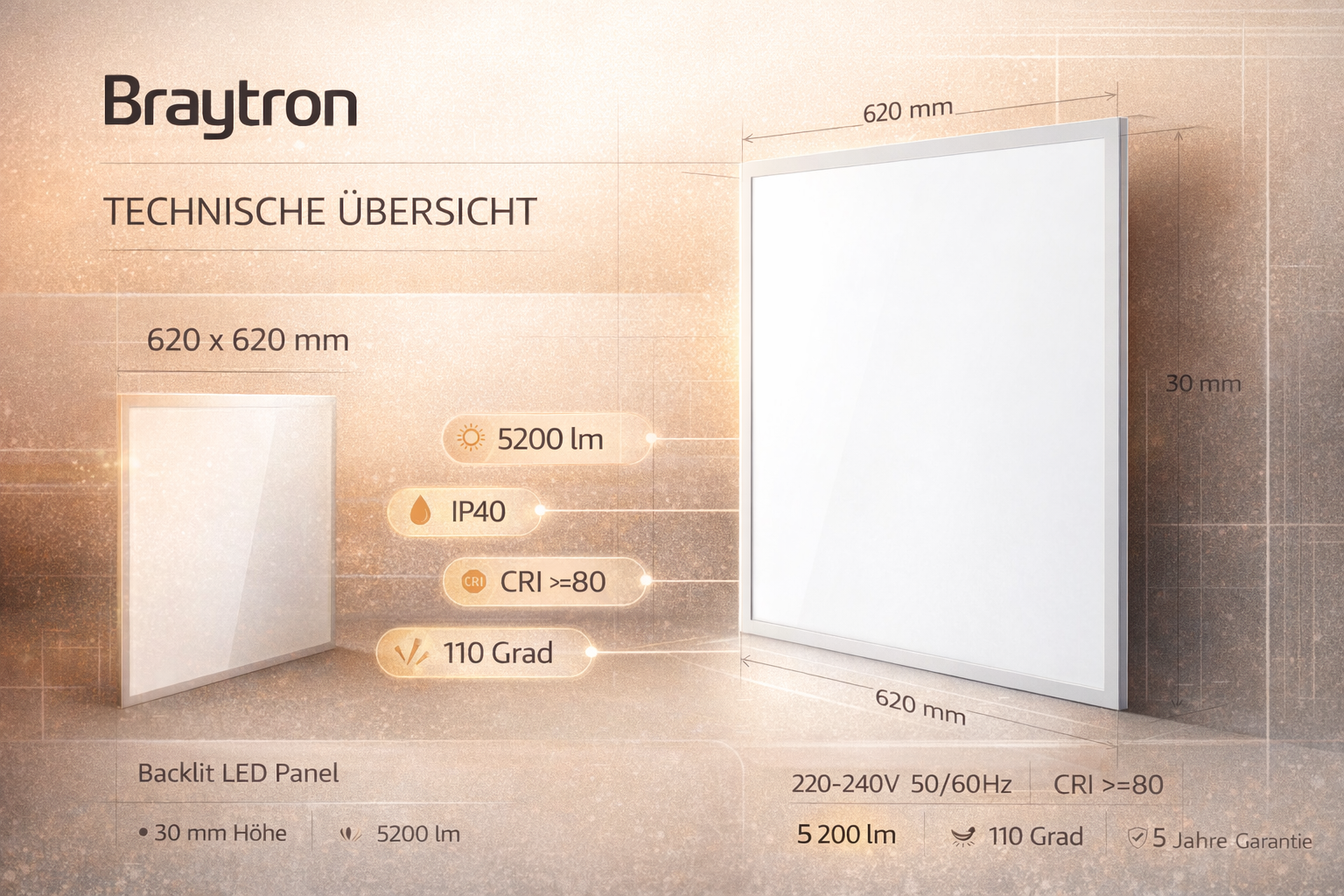 Braytron LED Einbaupanel 40W 5200 lm 3CCT 62 x 62 cm Backlight – Weiß