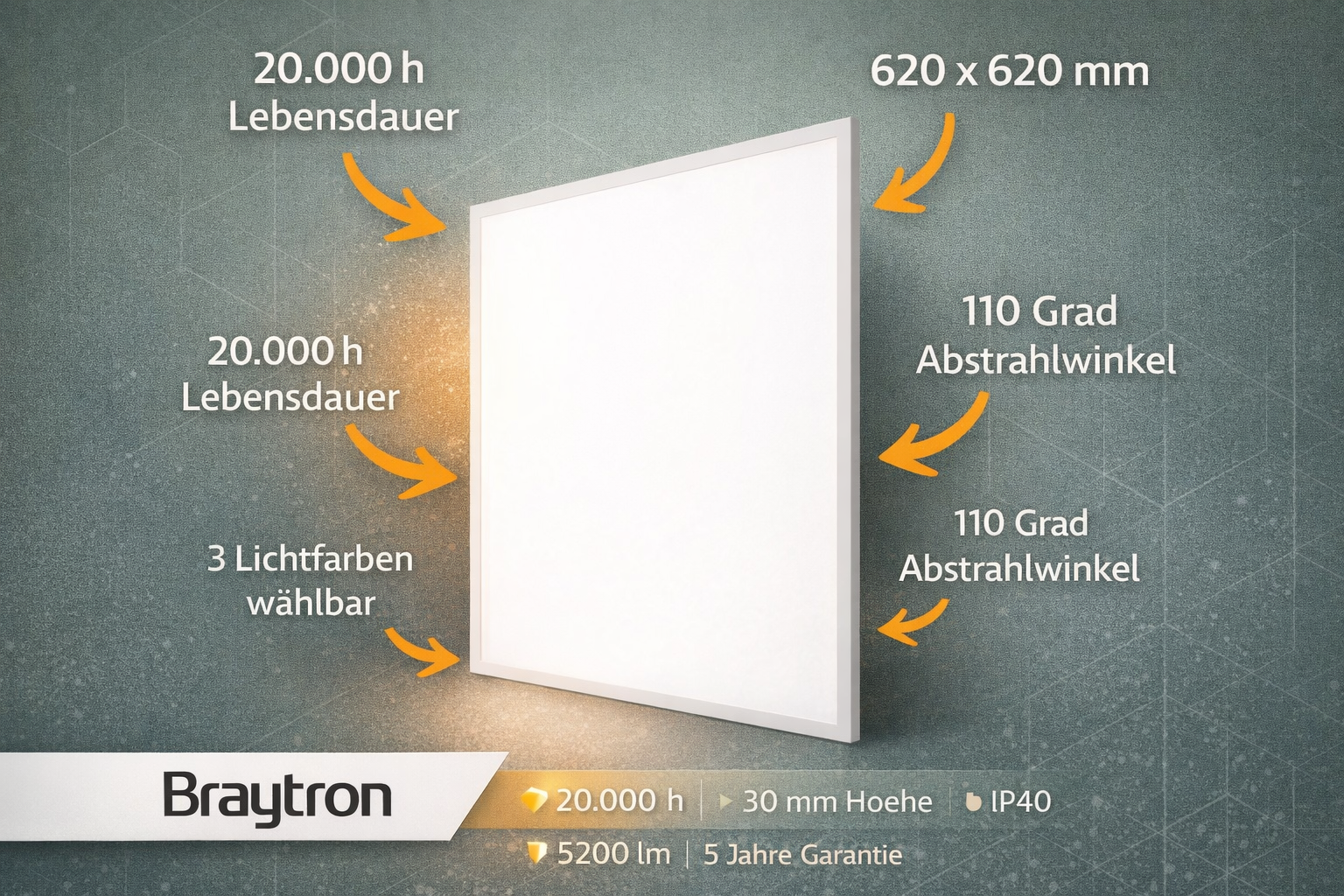 Braytron LED Einbaupanel 40W 5200 lm 3CCT 62 x 62 cm Backlight – Weiß