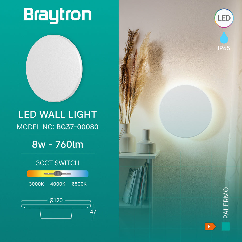 Braytron Palermo LED Außenwandleuchte 8W 3CCT rund IP65 Ø120 mm – Weiß