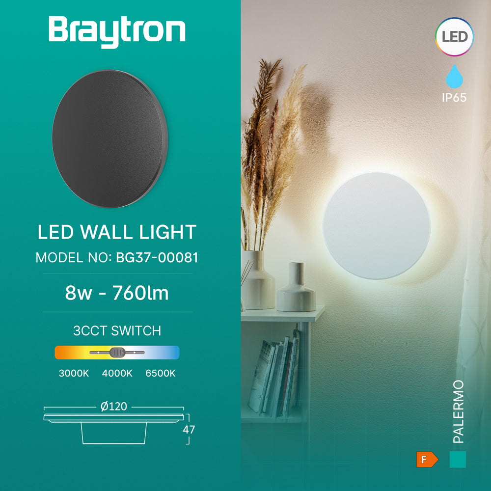 Braytron Palermo LED Außenwandleuchte 8W 3CCT rund IP65 Ø120 mm – Schwarz