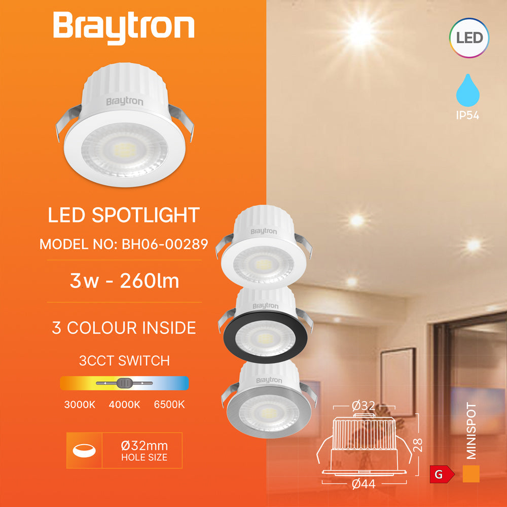 Braytron LED Mini-Einbauspot 3W 3CCT IP54 mit 3 Wechselblenden – Weiß/Silber/Schwarz