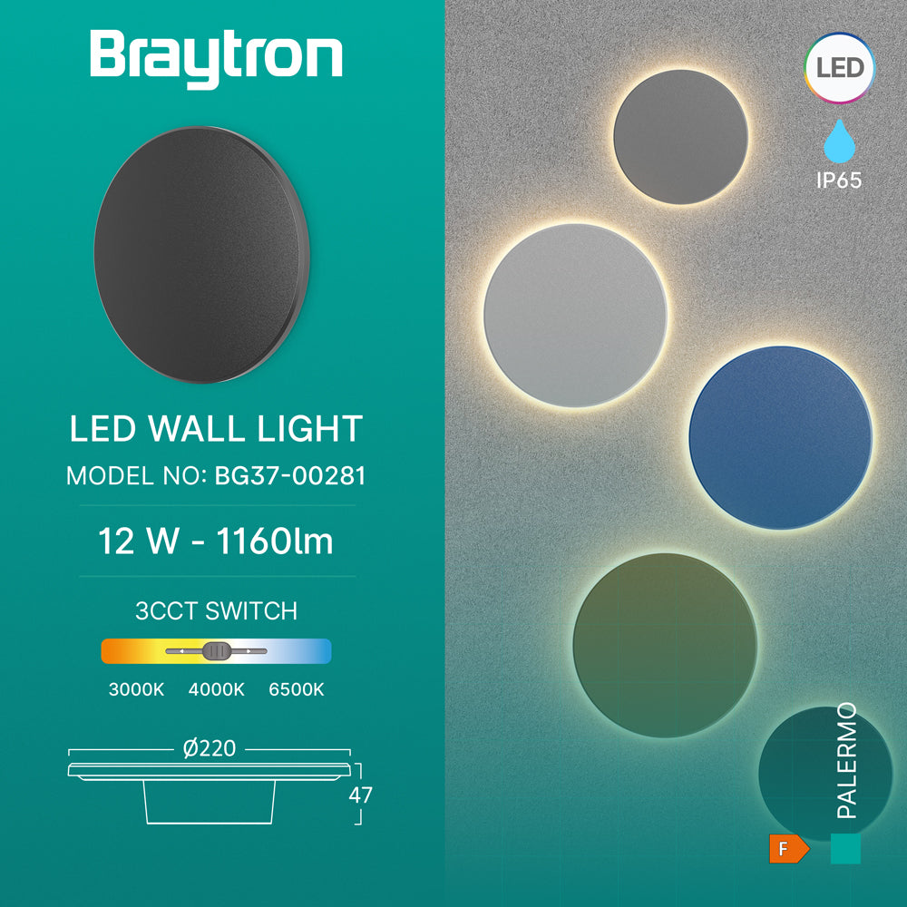 Braytron Palermo LED Außenwandleuchte 12W 3CCT rund IP65 Ø220 mm – Schwarz