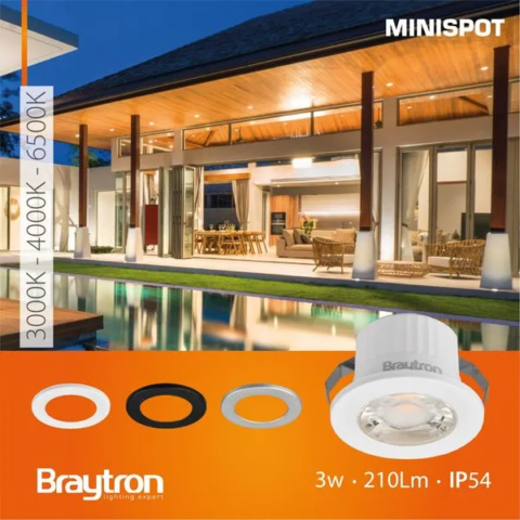 Braytron LED Minispot 3W Minileuchte, Klein, Einbauspot Einbaustrahler, Badezimmer, Küche, Wohnzimmer, inklusive 3 Blenden in schwarz, weiß. silber, IP54 230V ohne Trafo, 210 Lumen (neutralweiß 4000K)