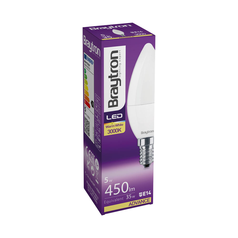 Braytron LED E14 Leuchtmittel 5W C37 3000K Warmweiß Kerzenform 450 Lumen