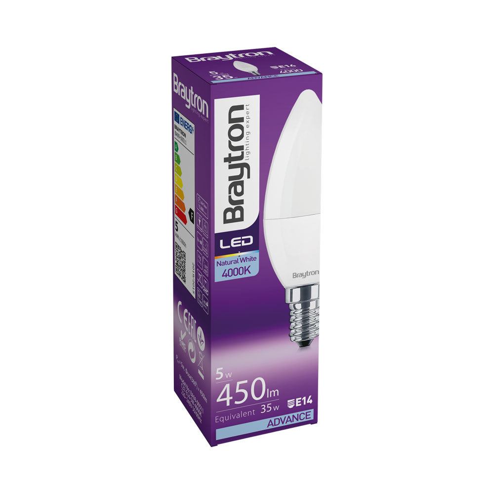 Braytron LED E14 Leuchtmittel 5W C37 4000K Neutralweiß Kerzenform 450 Lumen
