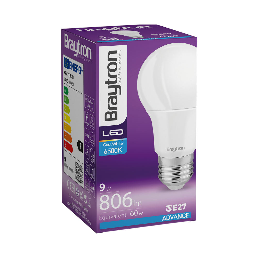 Braytron LED E27 Leuchtmittel 9W A60 6500K Kaltweiß Birnenform 806 Lumen